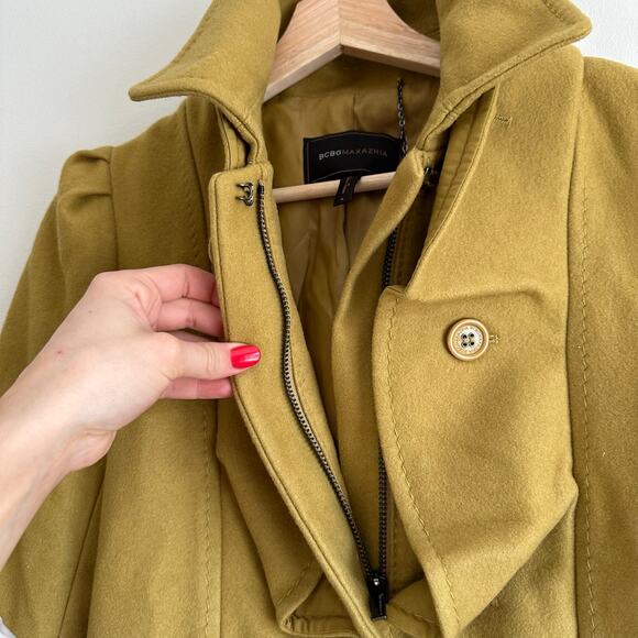BCBGMAXAZRIA Wool-Cashmere Ruffle Zip Up Pea Coat Green Ochre S - Picture 7 of 14